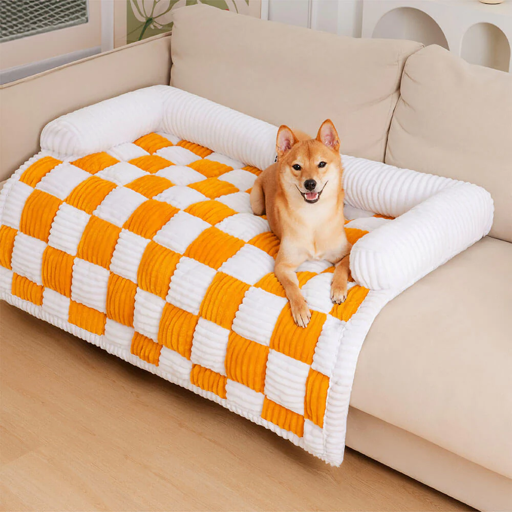 Cream Square Plaid Cozy Dog Mat Furniture Protector Cover - Image 3