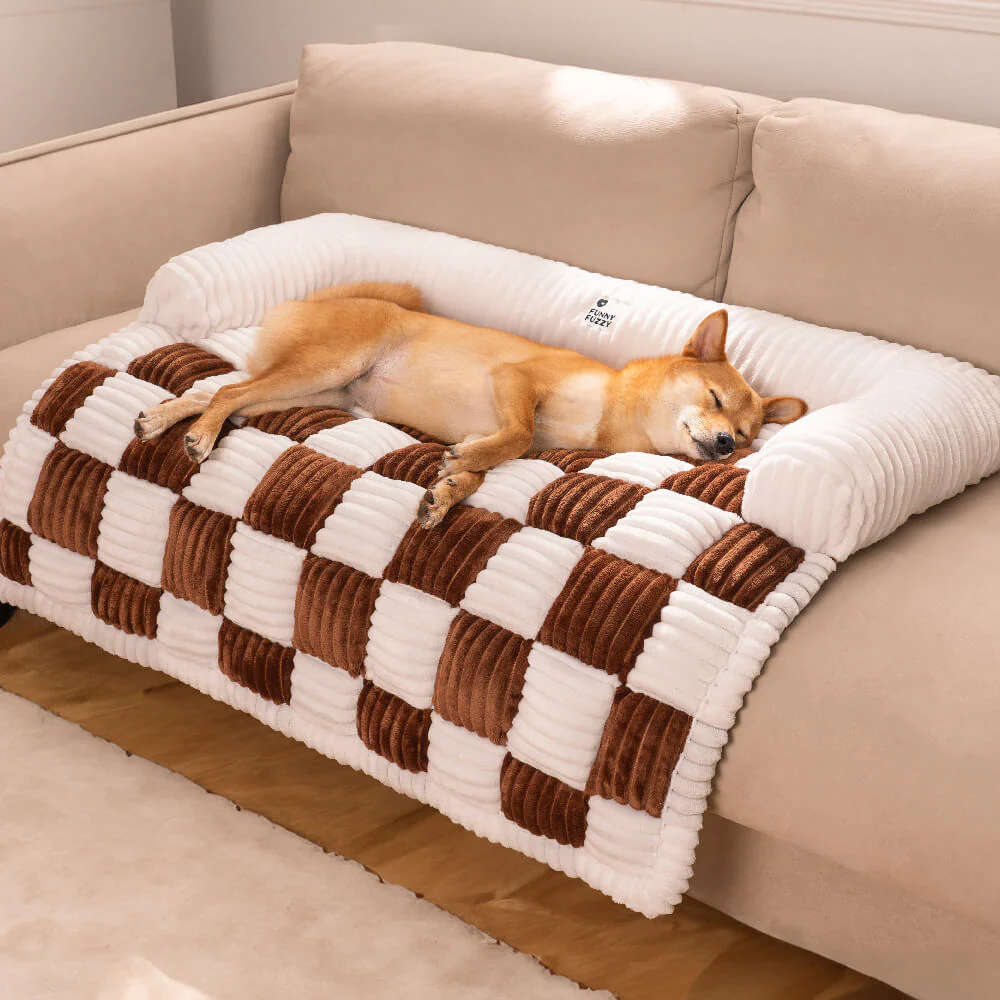 Cream Square Plaid Cozy Dog Mat Furniture Protector Cover - Image 7